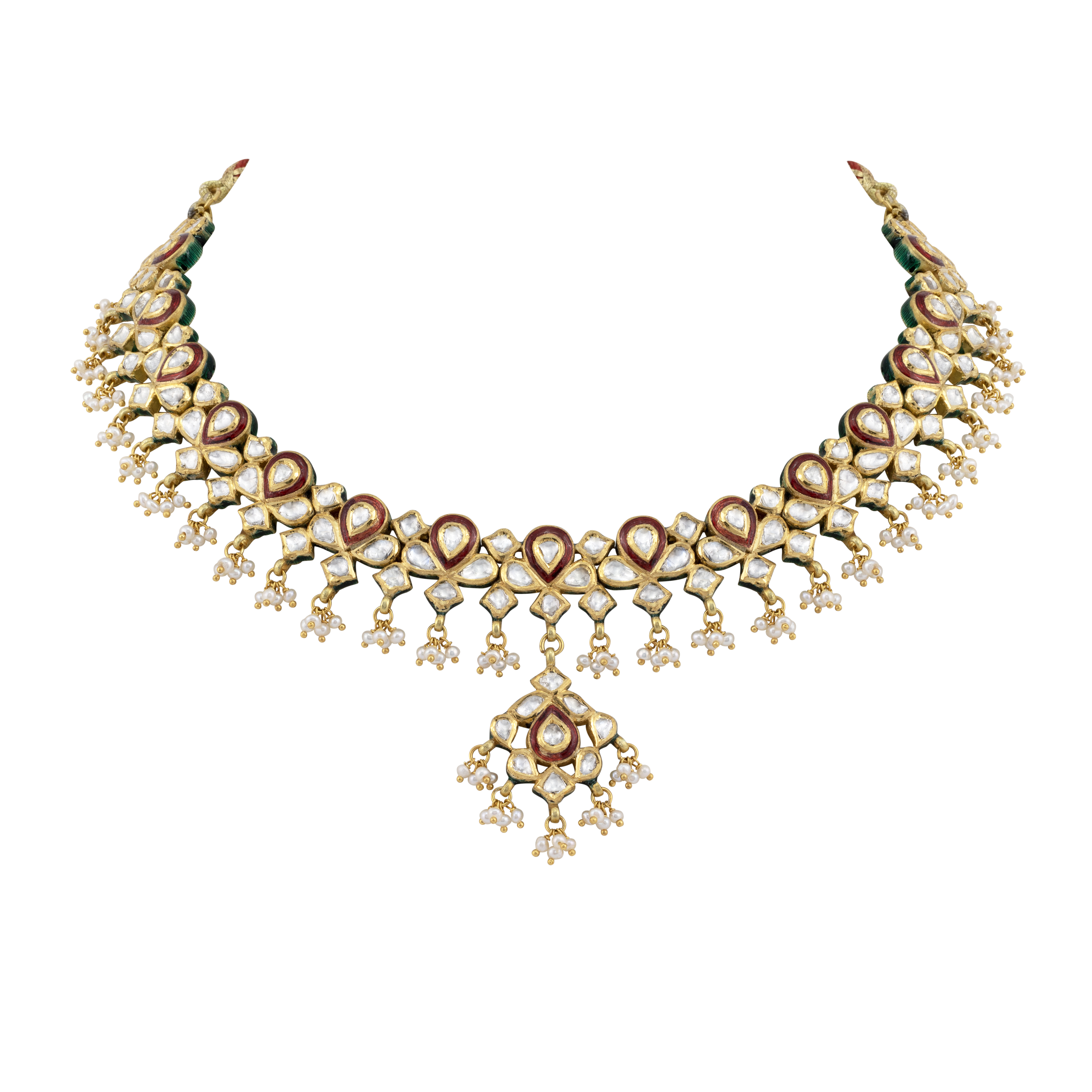 Polki Necklace with Red Enamel and Pearl Bead Clusters